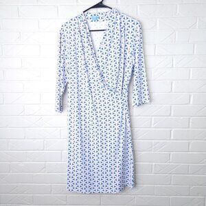 J. McLaughlin Blue White Geometric Print Surplice Wrap Dress Catalina Cloth L